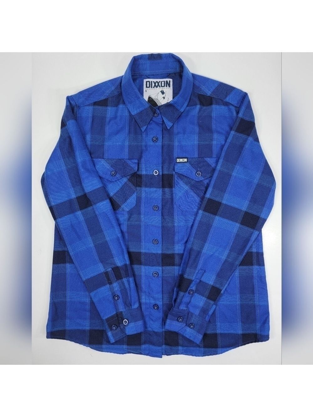 DIXXON Dawson Flannel Shirt Women's Large Blue Black Plaid Button Up Long Sleeve